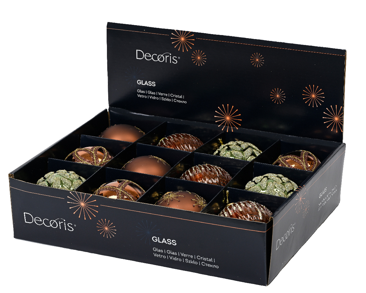 Տոնածառի ապակե խաղալիք, ginger espresso/red copper/pine green, նախշերով, 8սմ/Տուփ 12 հատ/