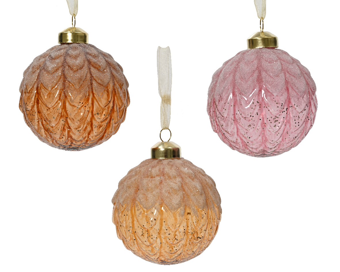 Տոնածառի ապակե խաղալիք, red copper/espresso/velvet pink, ժապավենաձև նախշով, 8սմ/Տուփ 2 հատ/