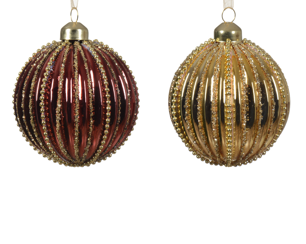 Տոնածառի ապակե խաղալիք, light gold/oxblood, ուղղահայաց քարերով, 8սմ/Տուփ 3 հատ/