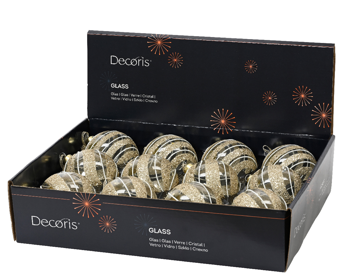 Տոնածառի ապակե խաղալիք, champange, ուղղահայաց/հորիզոնական/զսպանակաձև նախշերով, 8սմ/Տուփ 12 հատ/