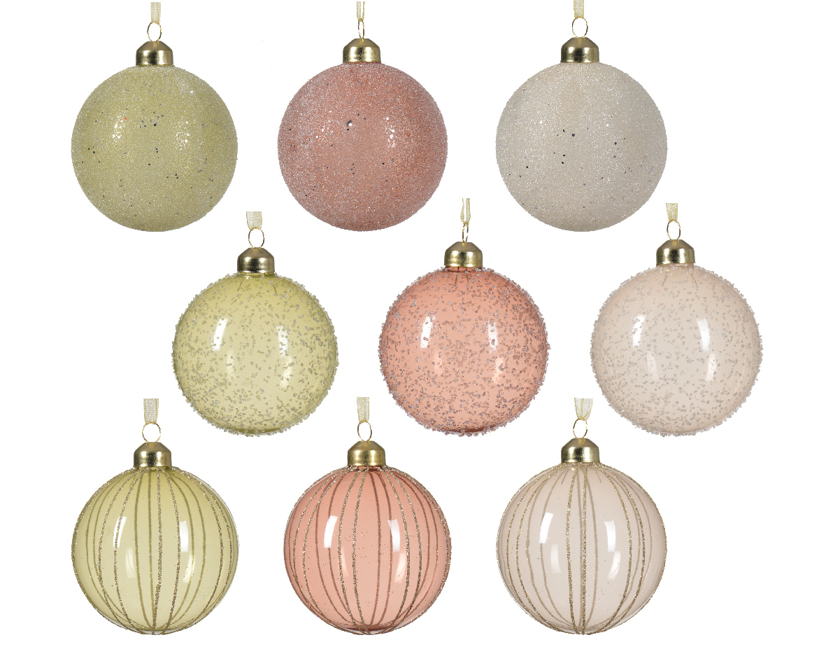 Տոնածառի ապակե խաղալիք, pearl/sparkling rose/pistachio, փայլուն կետերեվ, ուղղահայաց գծերով, 8սմ/Տուփ 3 հատ/