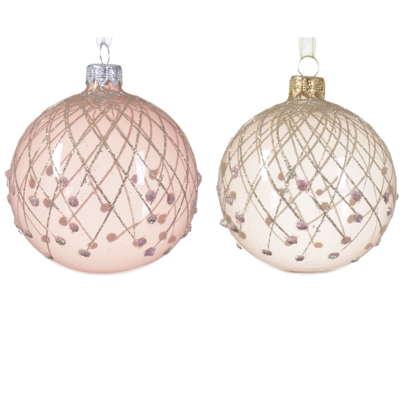 Տոնածառի ապակե խաղալիք, blush pink/pearl, արծաթագույն գծերով, 8սմ/Տուփ 6 հատ/