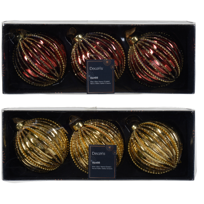 Տոնածառի ապակե խաղալիք, light gold/oxblood, ուղղահայաց քարերով, 8սմ/Տուփ 3 հատ/