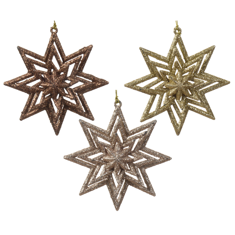 Տոնածառի խաղալիք փայլերով աստղեր, pearl/light gold/ginger brown, 11սմ