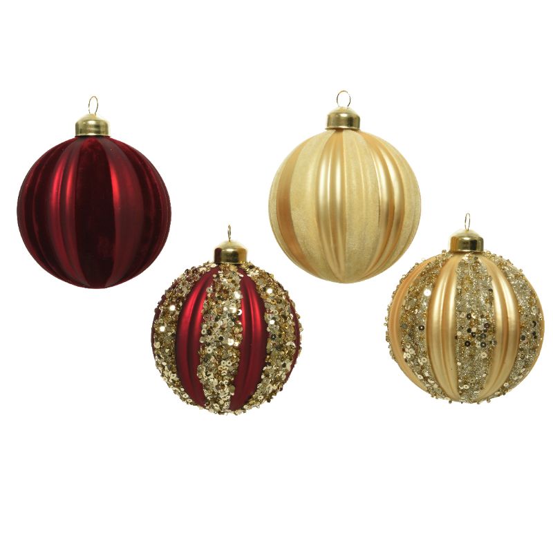 Տոնածառի ապակե խաղալիք, red/light gold, թավշյա և փայլուն գծերով, 8սմ/Տուփ 12 հատ/