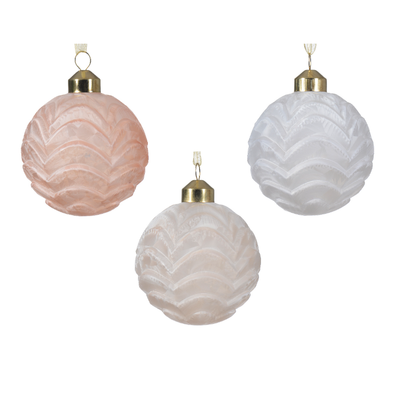 Տոնածառի ապակե խաղալիք, pearl/white/sparkling rose/blush pink, ժապավենաձև նախշով, 8սմ/Տուփ 12 հատ/