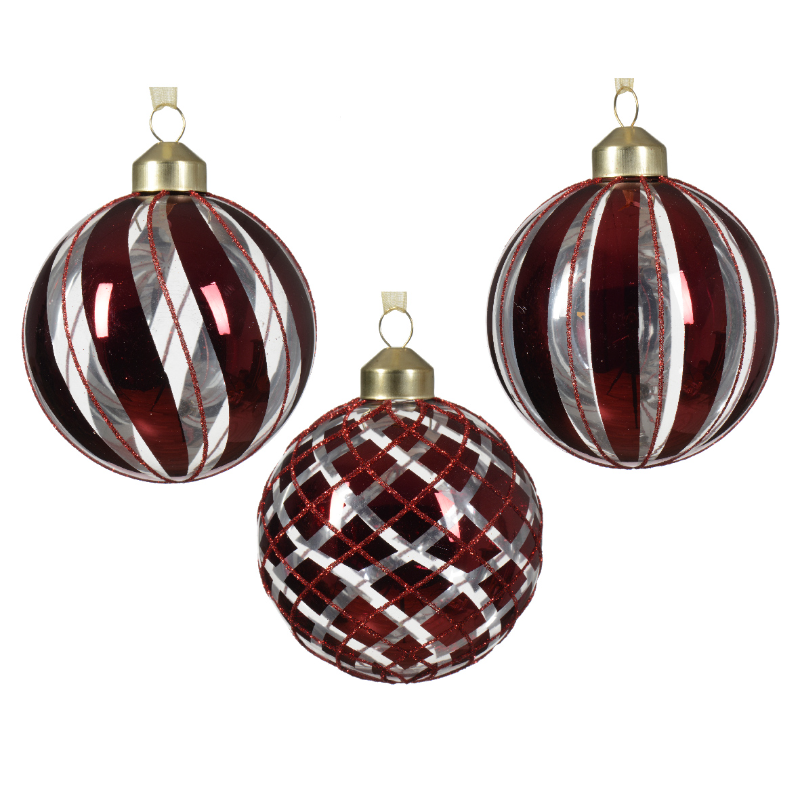 Տոնածառի ապակե խաղալիք, oxblood, ուղղահայաց և զսպանակաձև գծերով, 8սմ/Տուփ 12 հատ/