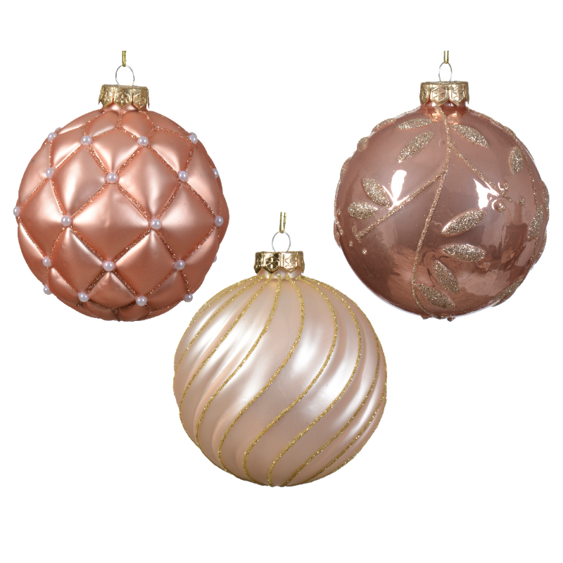 Տոնածառի ապակե խաղալիք, pearl/sparkling rosé, նախշերով, 10սմ/Տուփ 12 հատ/