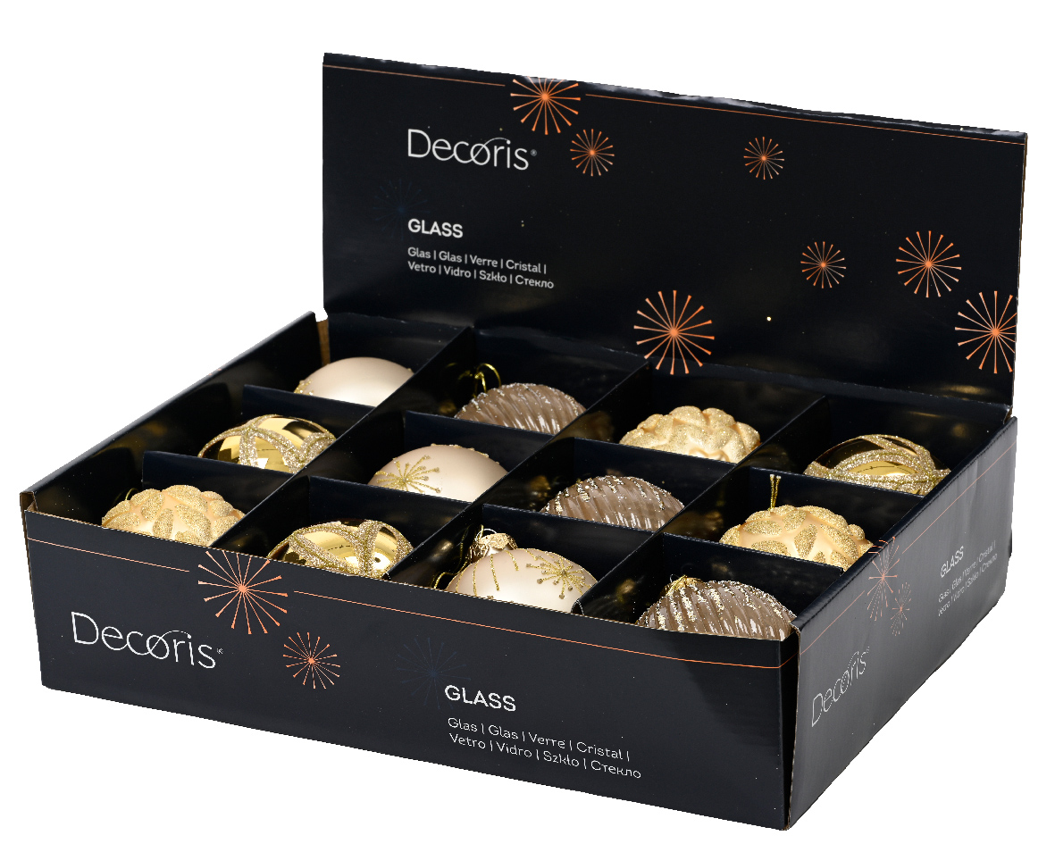 Տոնածառի ապակե խաղալիք, pearl/gold, նախշերով, 8սմ/Տուփ 12 հատ/