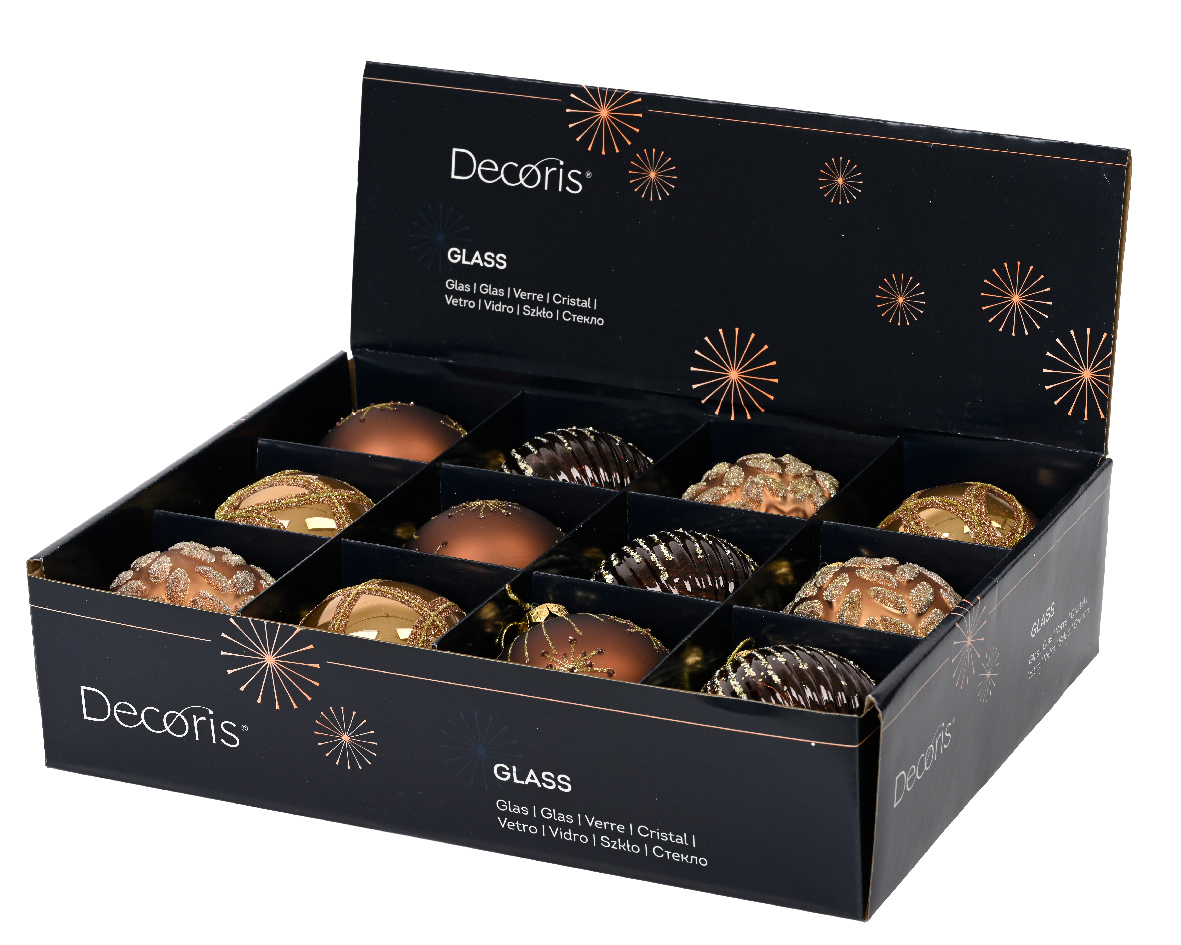 Տոնածառի ապակե խաղալիք, espresso/ginger brown, նախշերով, 8սմ/Տուփ 12 հատ/