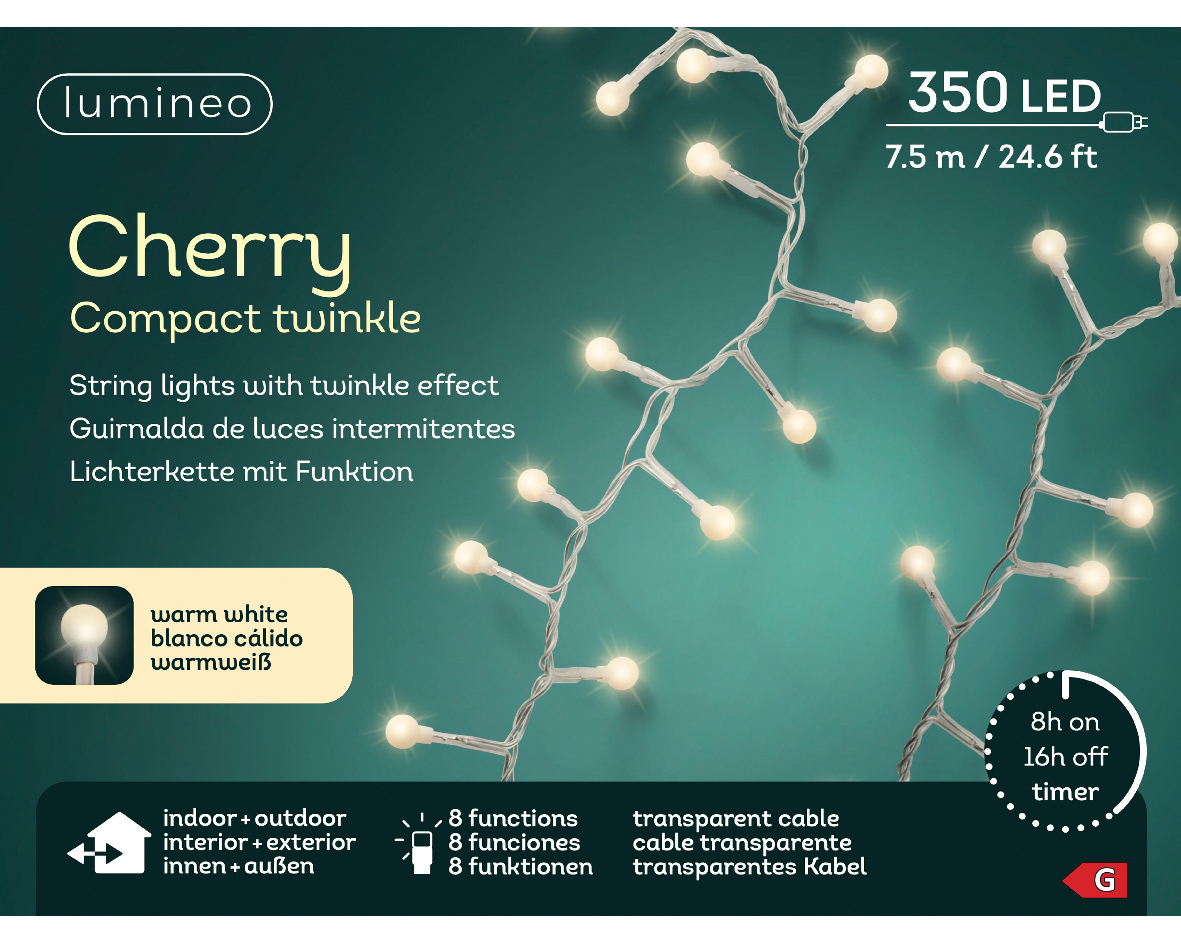 Տոնածառի լույս cherry, 7,5մ, 350 LED, transparent/warm white