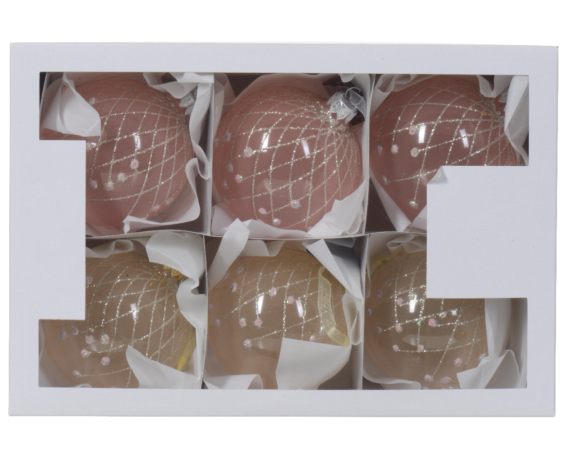 Տոնածառի ապակե խաղալիք, blush pink/pearl, արծաթագույն գծերով, 8սմ/Տուփ 6 հատ/