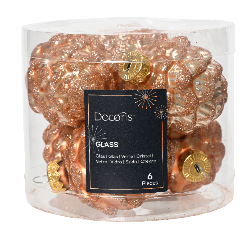 Տոնածառի ապակե խաղալիք կոն, 70մմ, sparkling rose/Տուփ 6 հատ/