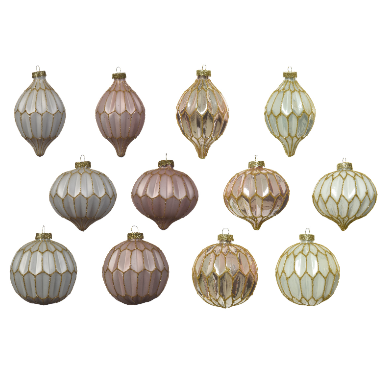 Տոնածառի ապակե խաղալիք, սպիտակ վարդագույն bauble onion olive, 80 մմ, 3տես տուփ 12 հատ