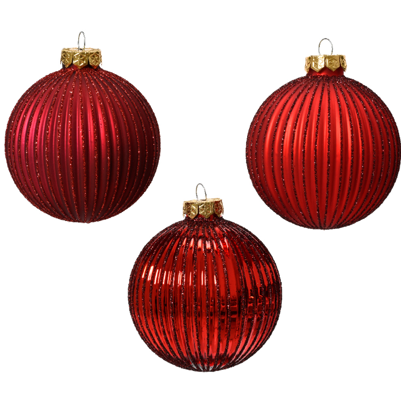 Տոնածառի ապակե խաղալիք, christmas red/oxblood, ուղղահայաց նախշով, 8սմ/Տուփ 4 հատ/