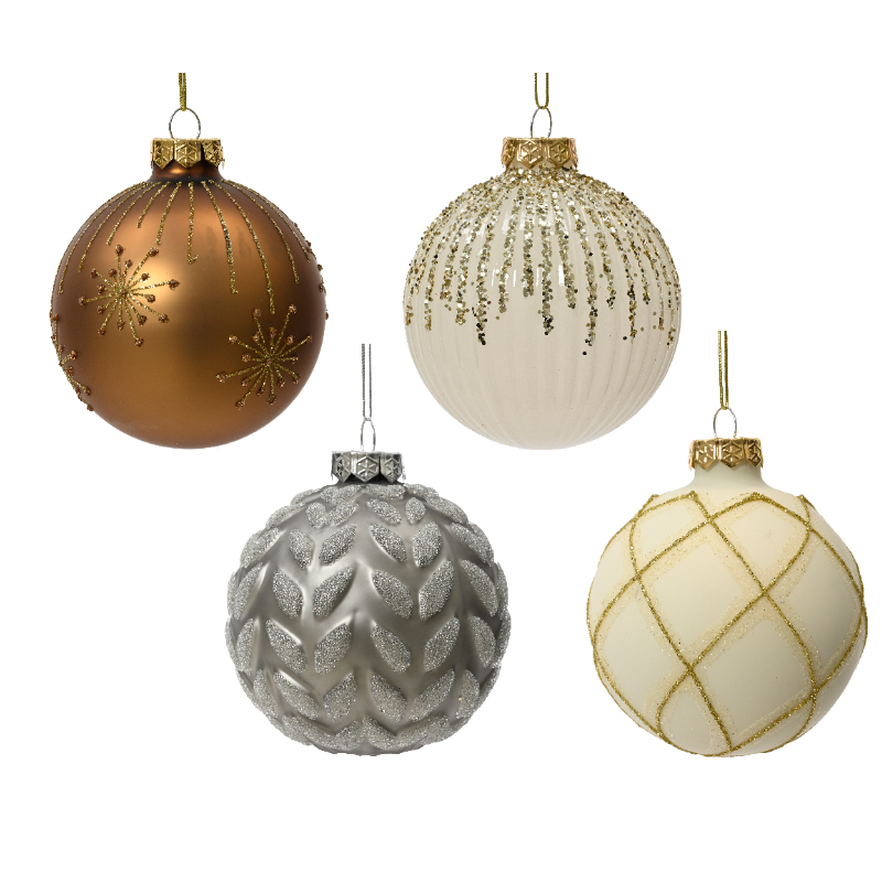 Տոնածառի ապակե խաղալիք, ginger brown/wool white/marble grey/wool white, նախշերով, 8սմ/Տուփ 12 հատ/