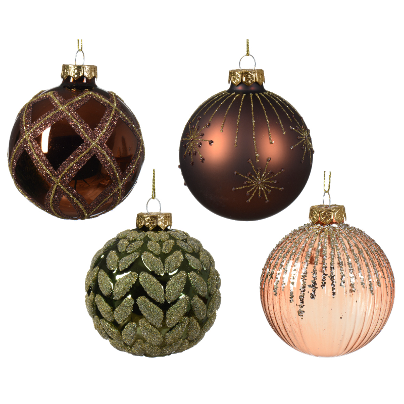 Տոնածառի ապակե խաղալիք, ginger espresso/red copper/pine green, նախշերով, 8սմ/Տուփ 12 հատ/