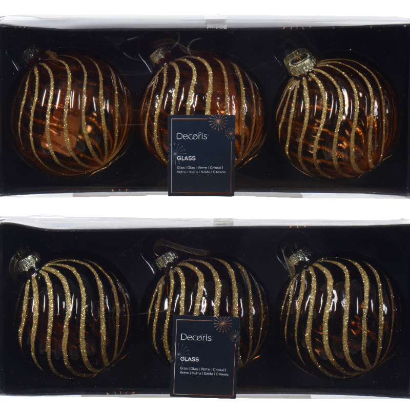 Տոնածառի ապակե խաղալիք, red copper/espresso, ոսկեգույն գծերով, 8սմ/Տուփ 3 հատ/