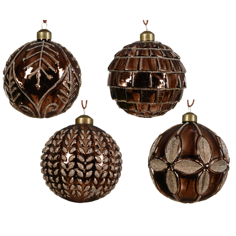 Տոնածառի ապակե խաղալիք, espresso, սպիտակ նախշերով, 10սմ/Տուփ 12 հատ/