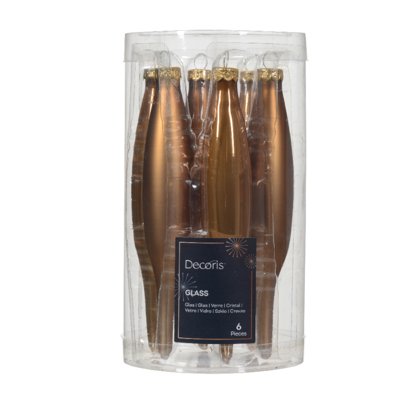 Տոնածառի ապակե երկար խաղալիք, ginger brown, 15սմ/Տուփ 6 հատ/