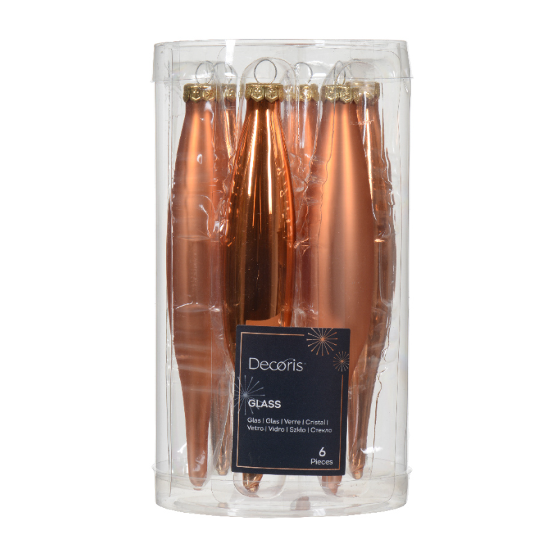 Տոնածառի ապակե երկար խաղալիք, red copper, 15սմ/Տուփ 6 հատ/