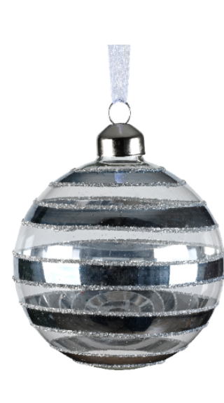 Տոնածառի ապակե խաղալիք, գունդ,հոլաձև,նշաձև, hazy blue, հորիզոնական գծերով, 8սմ/Տուփ 12 հատ/