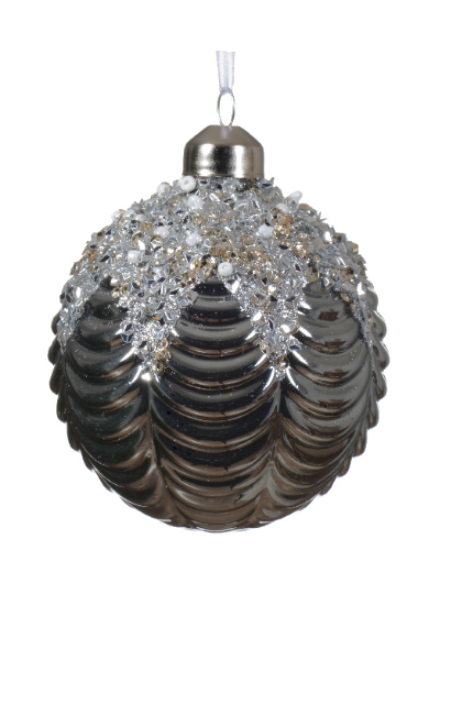 Տոնածառի ապակե խաղալիք, գունդ/նշաձև, silver, փայլուն քարերով վերնամասով, 8սմ/Տուփ 12 հատ/