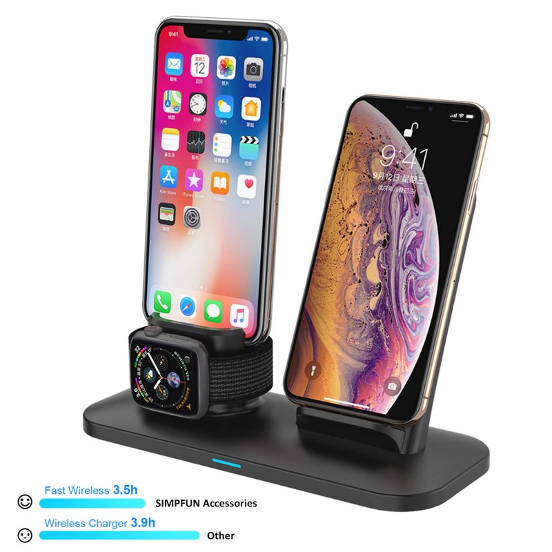 SIMPFUN Wireless Charger W01 Wireless Qi Fast Charging Station for APPL Watch 3/2/1, Air Pods, iPhone Xs/XR/X / 8/8 Plus, Samsung Galaxy S9 / S9 Plus/Note 8 / S8 / S8 Plus