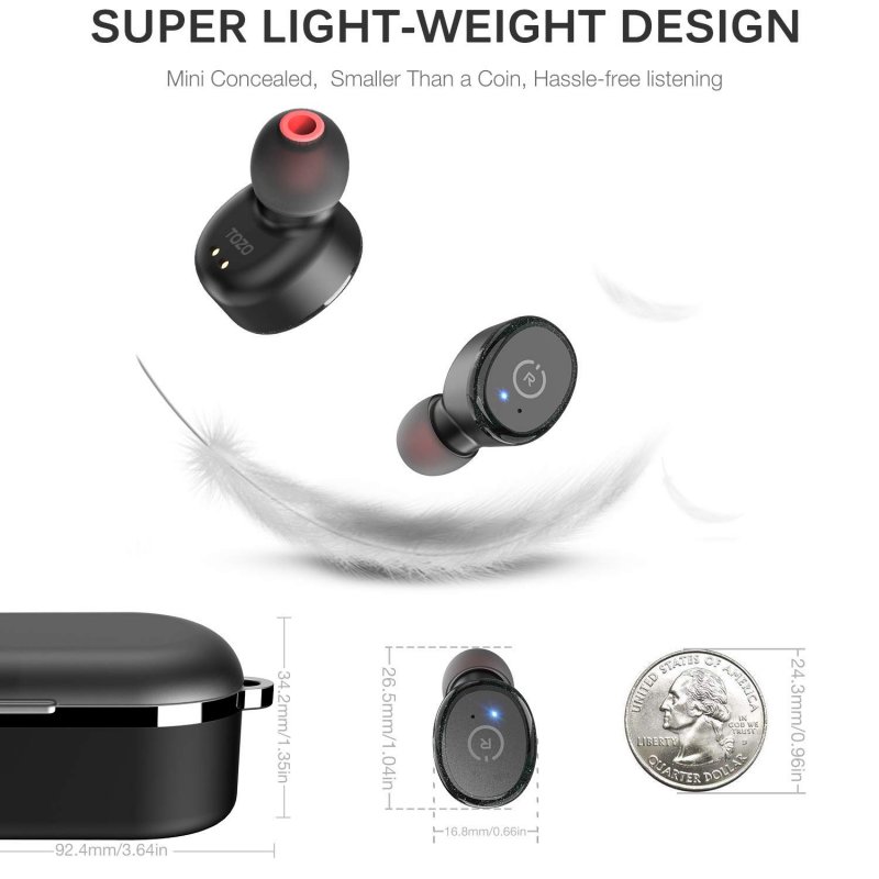 TOZO T10 Bluetooth 5.0 Wireless Earbuds with 【Wireless Charging Case】 IPX8 Waterproof TWS Stereo Headphones in-Ear Built-in Mic Headset Premium Sound with Deep Bass for Sport