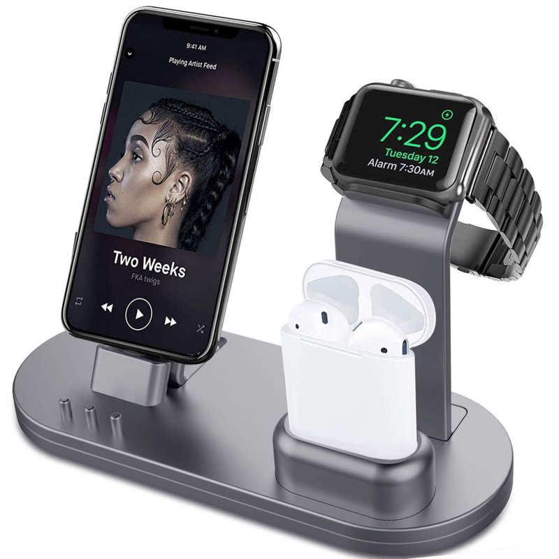 OLEBR 3 in 1 Charging Stand Compatible with iWatch Series 5/4/3/2/1, AirPods and iPhone 11/Xs/X Max/XR/X/8/8Plus/7/7 Plus /6S /6S Plus(Original Charger & Cables Required) Space Gray
