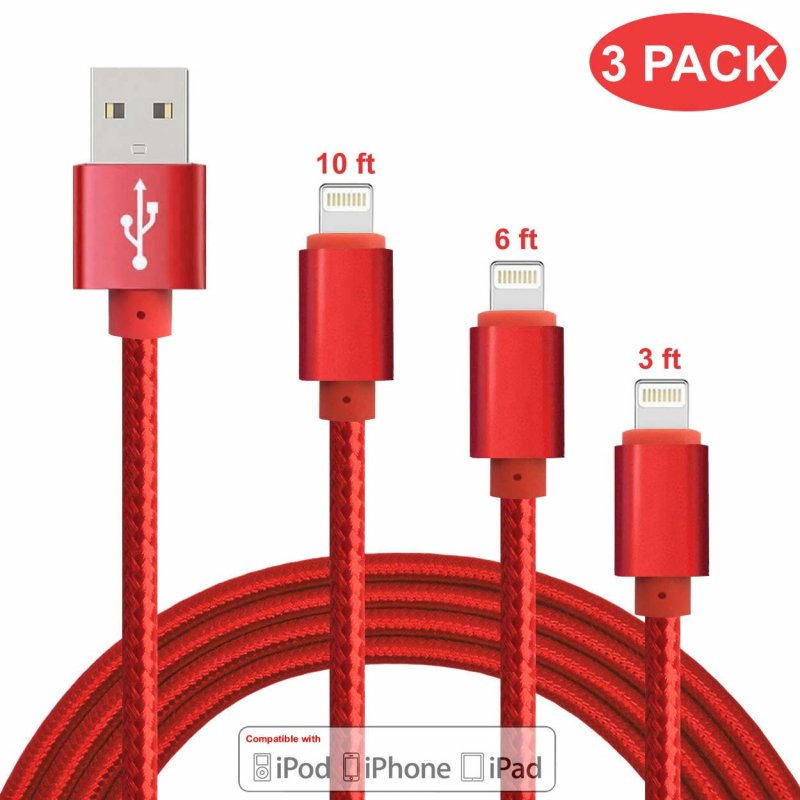 ZHONGXING Phone Charger Cable 3 Pack(3 Feet 6 Ft 10 Foot) Nylon Braided Cord USB Fast Charging Cables,Compatible for Phone 11 Pro Max/Phone Xs Max/XR/X/ 6/6s Plus/7/7Plus/i8 Plus Air Pod - Lucky Red