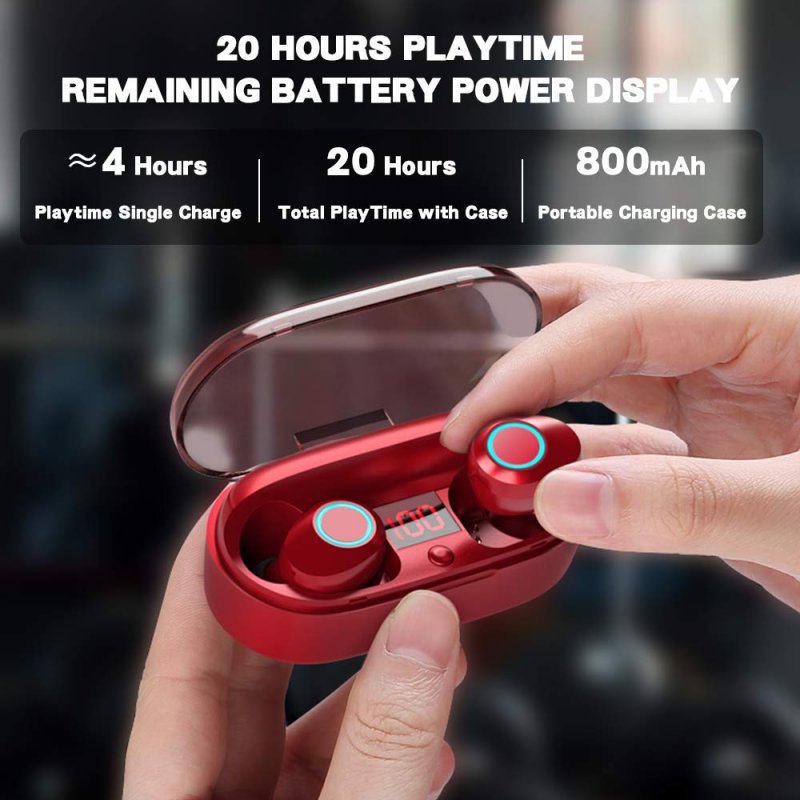 True Wireless Earbuds, 20H Playtime, Volume Control, Bluetooth Headphones 5.0 Mini Stereo Headset with Microphone, IPX5 Sweatproof, Hi-Fi Sound, in Ear Earphones with Portable Charging Case Red