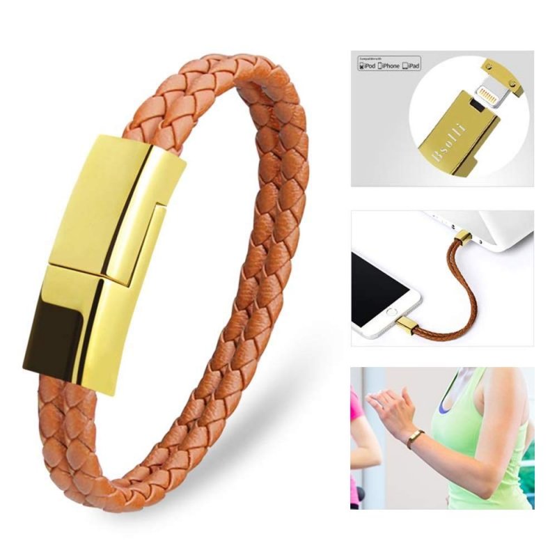 Dzzkoye USB Charging Cable Bracelet Portable Leather Charger Cord for iPhone iPad, iPod, Air Pods (Brown L)