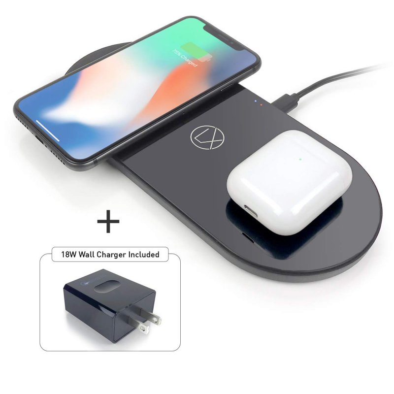 LXORY Dual Wireless Charging Pad - Double Qi Fast Charger for Two Phones (9W/Pad) - AirPods Wireless Charger Compatible with iPhone X/8, S10/S9/11 + All Qi Ready Phones Charging Mat 18W Adapter Incl.