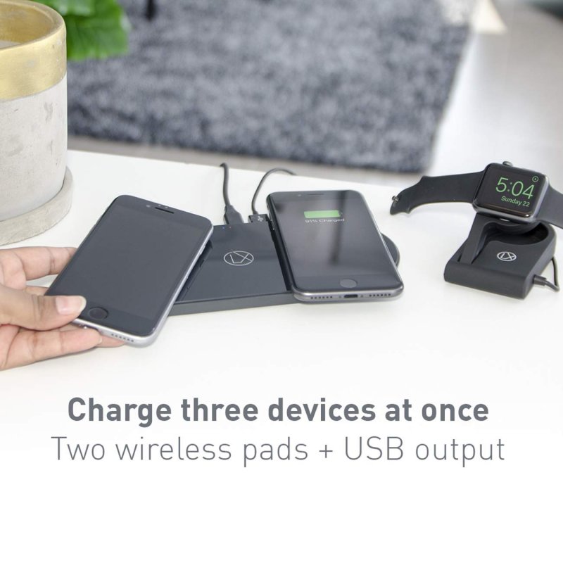 LXORY Dual Wireless Charging Pad - Double Qi Fast Charger for Two Phones (9W/Pad) - AirPods Wireless Charger Compatible with iPhone X/8, S10/S9/11 + All Qi Ready Phones Charging Mat 18W Adapter Incl.