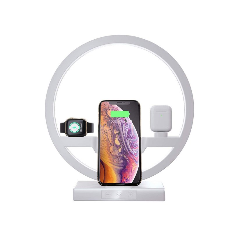 Akiimy Mulfuntional Bedside Wireless Charger Stand 10W Fast Charger Dock with Bedside Led Lamp for Phone 11 Pro Max/Apple Watch and Air-pods/Samsung and All Qi Devices (White)