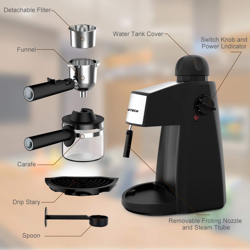Espresso Machine 3.5 Bar 4 Cup Espresso Maker Cappuccino Machine with Steam Milk Frother and Carafe