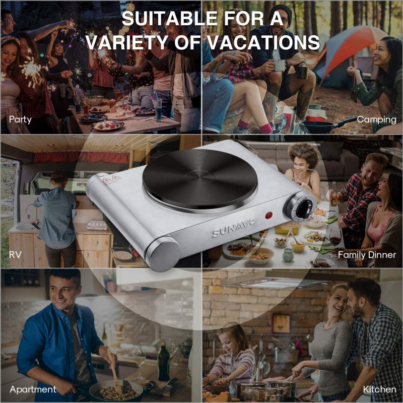 SUNAVO Hot Plate for Cooking Portable Electric Single Burner 1500W 5 Power Levels Cast-Iron Silver